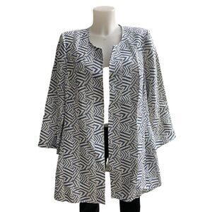 3 SISTERS BLUE ARROW AZTEC PRINT OPEN‎ FRONT BLAZER / COAT 100% LINEN SZ L NEW!
